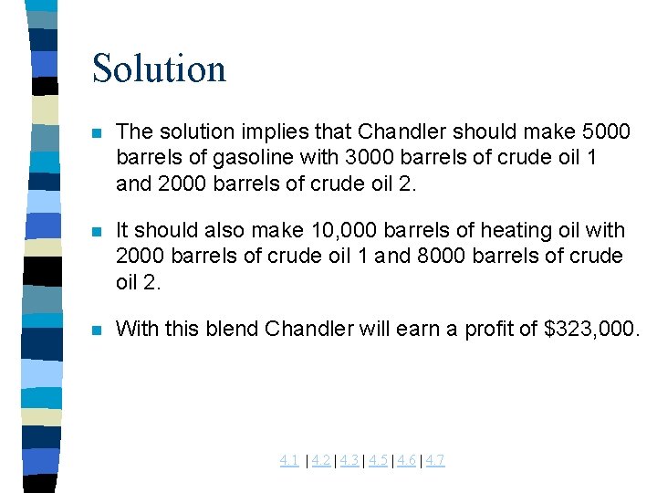 Solution n The solution implies that Chandler should make 5000 barrels of gasoline with