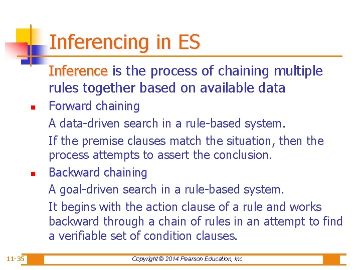 Inferencing in ES Inference is the process of chaining multiple rules together based on