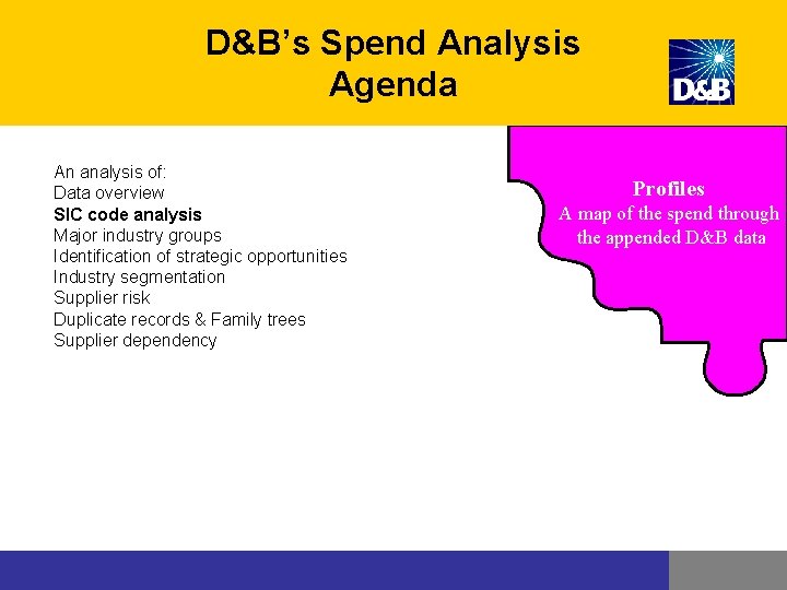 D&B’s Spend Analysis Agenda An analysis of: Data overview SIC code analysis Major industry D&B’s Spend Analysis Agenda An analysis of: Data overview SIC code analysis Major industry