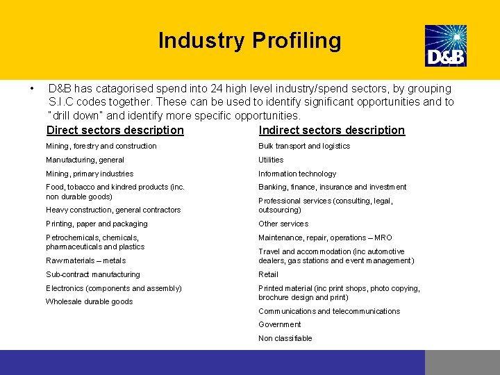 Industry Profiling • D&B has catagorised spend into 24 high level industry/spend sectors, by Industry Profiling • D&B has catagorised spend into 24 high level industry/spend sectors, by