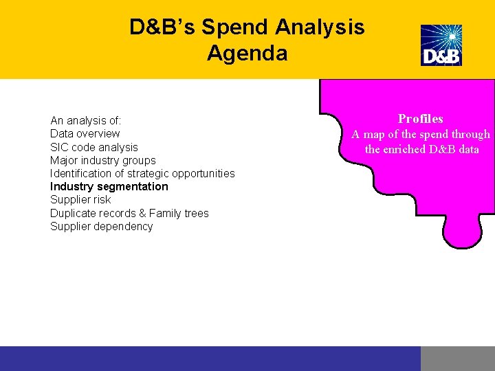 D&B’s Spend Analysis Agenda An analysis of: Data overview SIC code analysis Major industry D&B’s Spend Analysis Agenda An analysis of: Data overview SIC code analysis Major industry