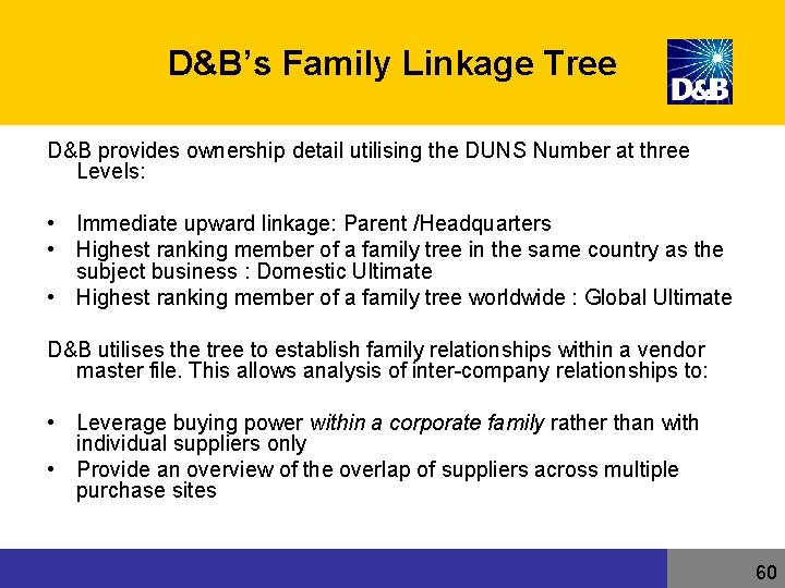 D&B’s Family Linkage Tree D&B provides ownership detail utilising the DUNS Number at three D&B’s Family Linkage Tree D&B provides ownership detail utilising the DUNS Number at three