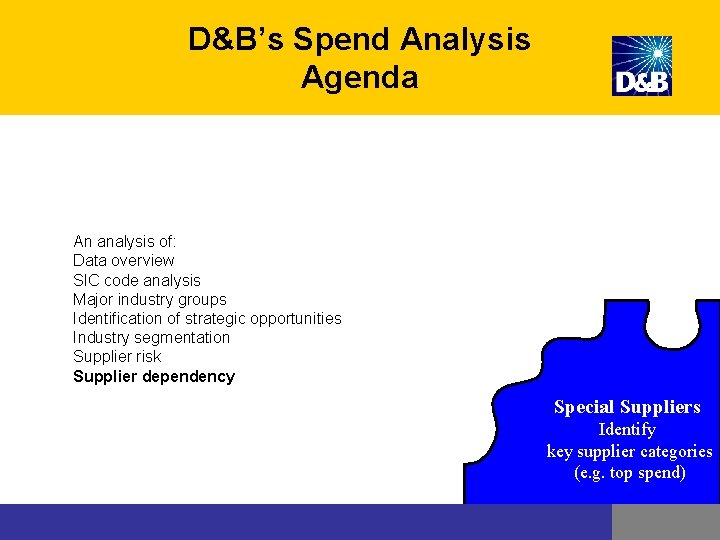 D&B’s Spend Analysis Agenda An analysis of: Data overview SIC code analysis Major industry D&B’s Spend Analysis Agenda An analysis of: Data overview SIC code analysis Major industry