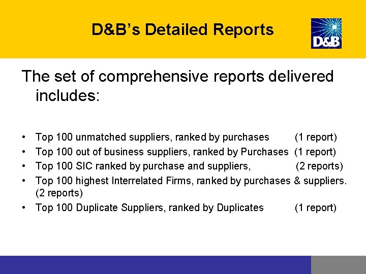 D&B’s Detailed Reports The set of comprehensive reports delivered includes: • • Top 100 D&B’s Detailed Reports The set of comprehensive reports delivered includes: • • Top 100