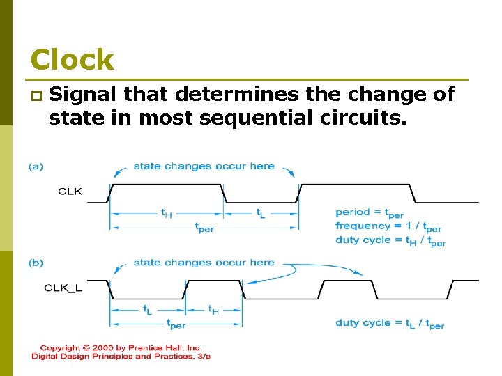 Clock p Signal that determines the change of state in most sequential circuits. 