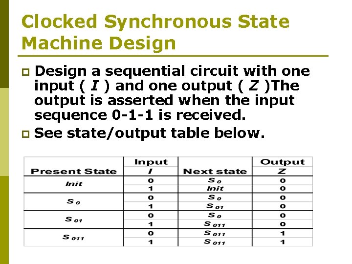 Clocked Synchronous State Machine Design a sequential circuit with one input ( I )