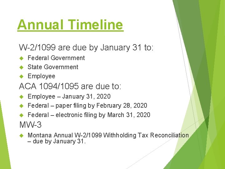 Annual Timeline W-2/1099 are due by January 31 to: Federal Government State Government Employee