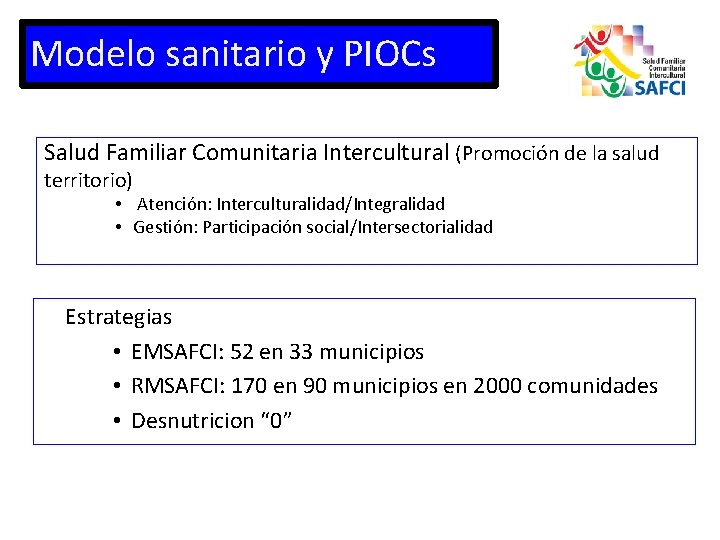 Modelo sanitario y PIOCs Salud Familiar Comunitaria Intercultural (Promoción de la salud territorio) •