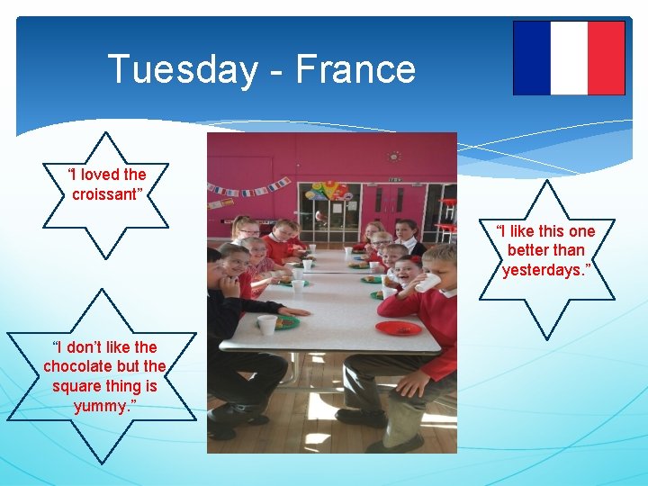 Tuesday - France “I loved the croissant” “I like this one better than yesterdays.
