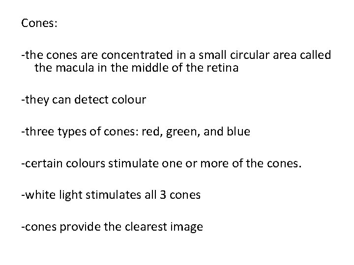Cones: -the cones are concentrated in a small circular area called the macula in