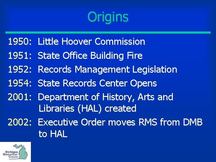 Origins 1950: 1951: 1952: 1954: 2001: Little Hoover Commission State Office Building Fire Records