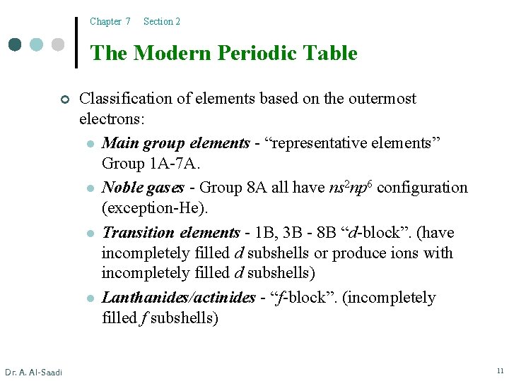 Chapter 7 Section 2 The Modern Periodic Table ¢ Dr. A. Al-Saadi Classification of