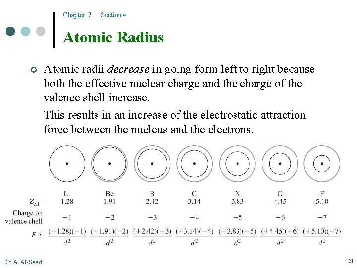 Chapter 7 Section 4 Atomic Radius ¢ Atomic radii decrease in going form left