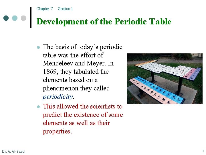 Chapter 7 Section 1 Development of the Periodic Table l l Dr. A. Al-Saadi