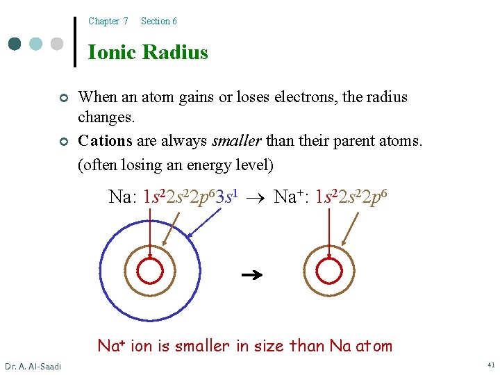 Chapter 7 Section 6 Ionic Radius ¢ ¢ When an atom gains or loses