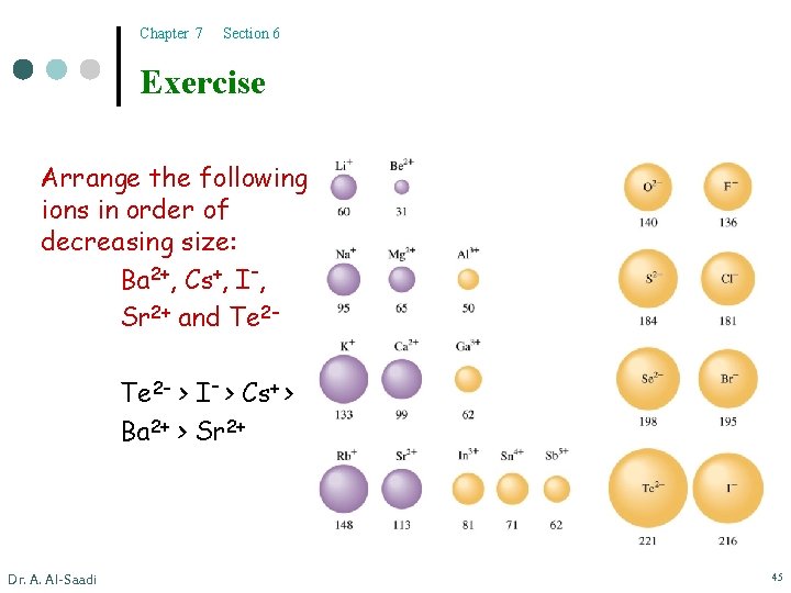 Chapter 7 Section 6 Exercise Arrange the following ions in order of decreasing size: