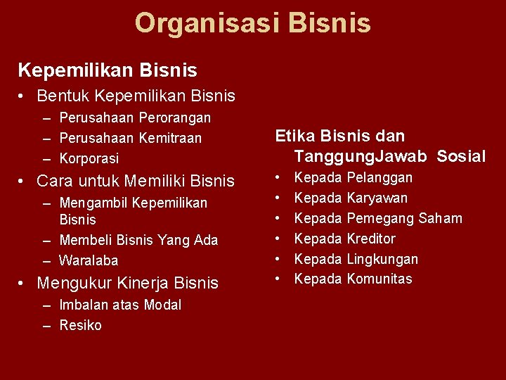Organisasi Bisnis Kepemilikan Bisnis • Bentuk Kepemilikan Bisnis – Perusahaan Perorangan – Perusahaan Kemitraan