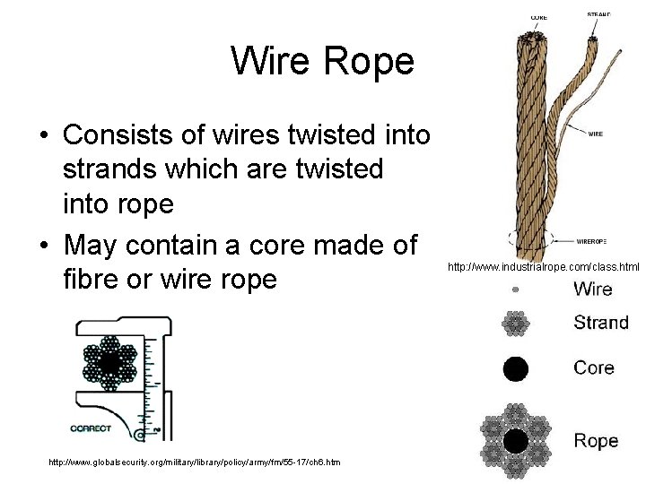 Wire Rope • Consists of wires twisted into strands which are twisted into rope