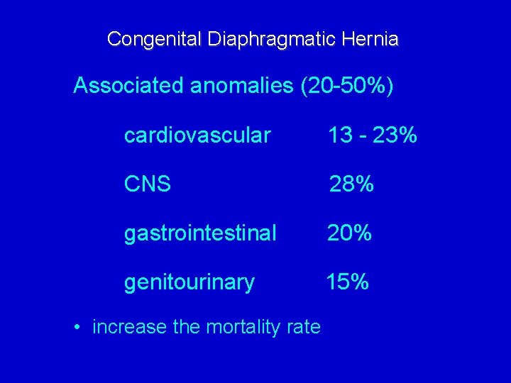 Congenital Diaphragmatic Hernia Associated anomalies (20 -50%) cardiovascular 13 - 23% CNS 28% gastrointestinal