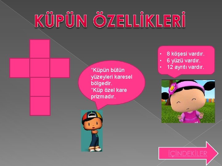 *Küpün bütün yüzeyleri karesel bölgedir. *Küp özel kare prizmadır. • 8 köşesi vardır. •