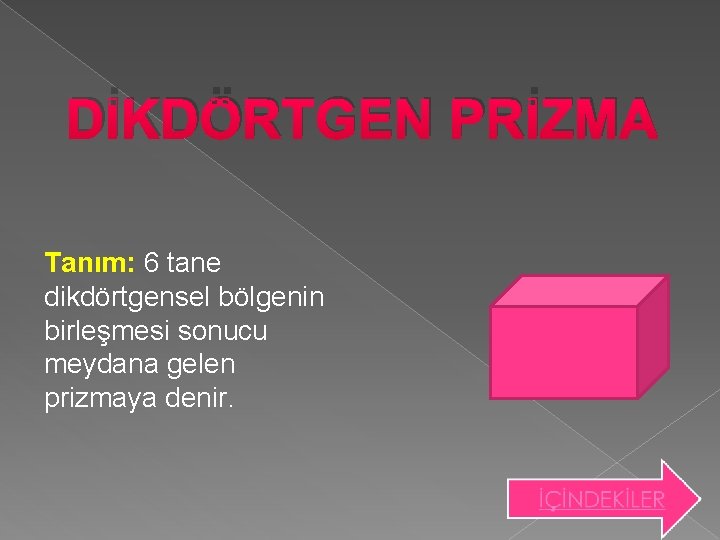 DİKDÖRTGEN PRİZMA Tanım: 6 tane dikdörtgensel bölgenin birleşmesi sonucu meydana gelen prizmaya denir. 