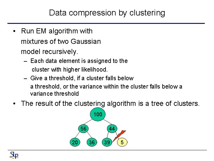 Data compression by clustering • Run EM algorithm with mixtures of two Gaussian model