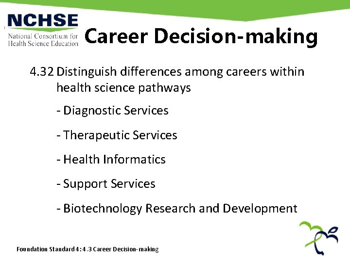 Career Decision-making 4. 32 Distinguish differences among careers within health science pathways - Diagnostic Career Decision-making 4. 32 Distinguish differences among careers within health science pathways - Diagnostic