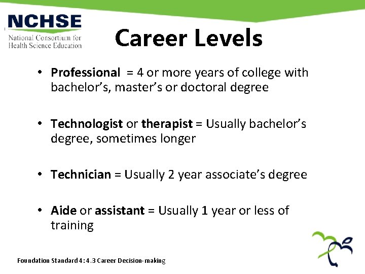 Career Levels • Professional = 4 or more years of college with bachelor’s, master’s Career Levels • Professional = 4 or more years of college with bachelor’s, master’s