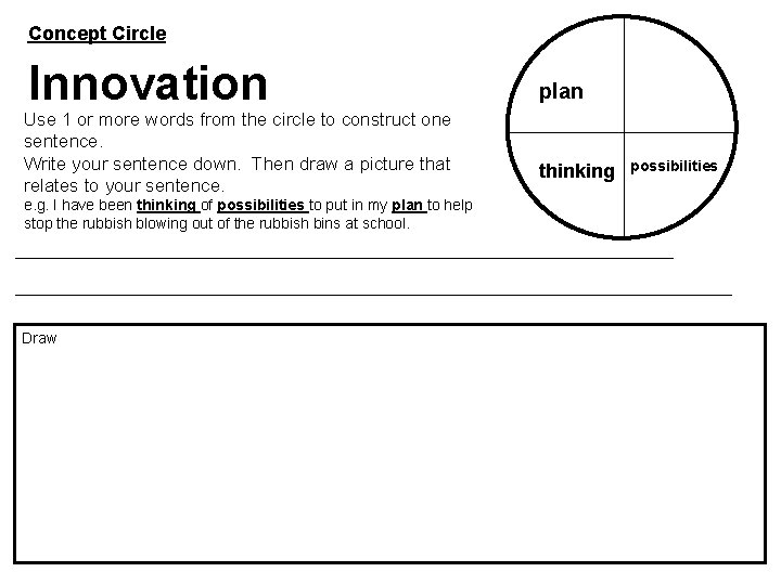 Concept Circle Innovation Use 1 or more words from the circle to construct one
