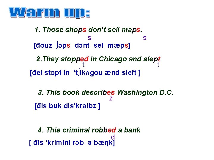 1. Those shops don’t sell maps. s s [đouz ∫ɔps dɔnt sel mæps] 2.