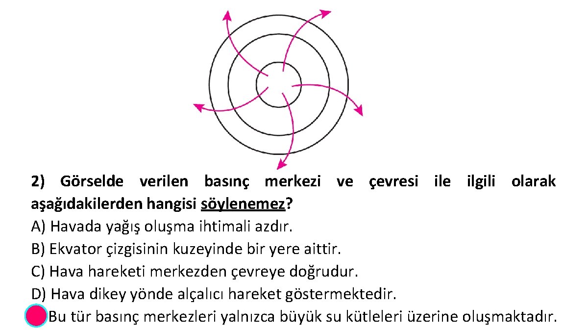2) Görselde verilen basınç merkezi ve çevresi ile ilgili olarak aşağıdakilerden hangisi söylenemez? A)