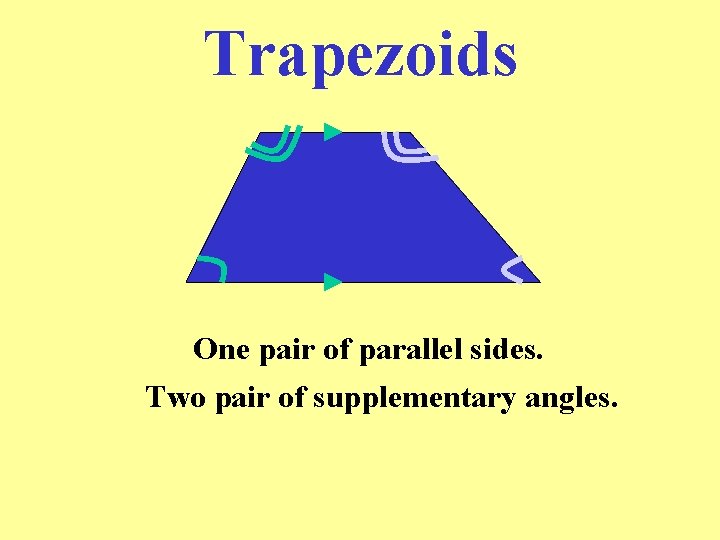 Trapezoids One pair of parallel sides. Two pair of supplementary angles. 