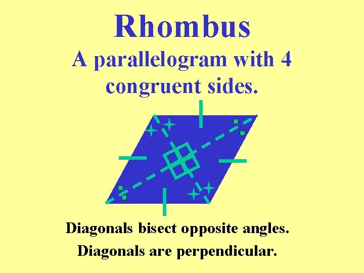 Rhombus A parallelogram with 4 congruent sides. Diagonals bisect opposite angles. Diagonals are perpendicular.