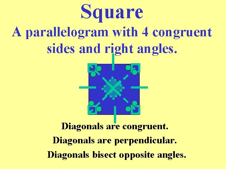 Square A parallelogram with 4 congruent sides and right angles. Diagonals are congruent. Diagonals