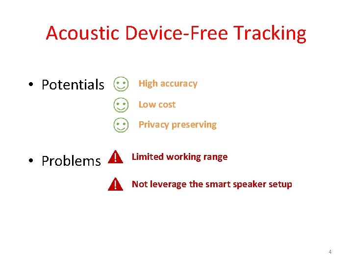 Acoustic Device-Free Tracking • Potentials High accuracy Low cost Privacy preserving • Problems Limited