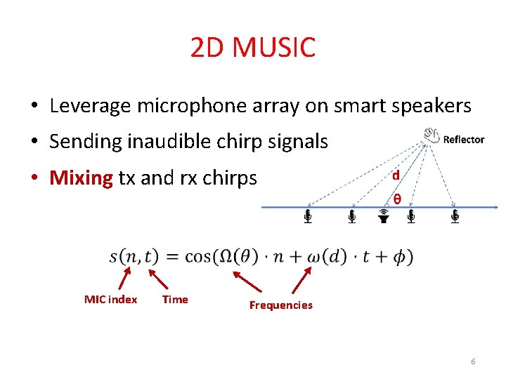 2 D MUSIC • Leverage microphone array on smart speakers • Sending inaudible chirp