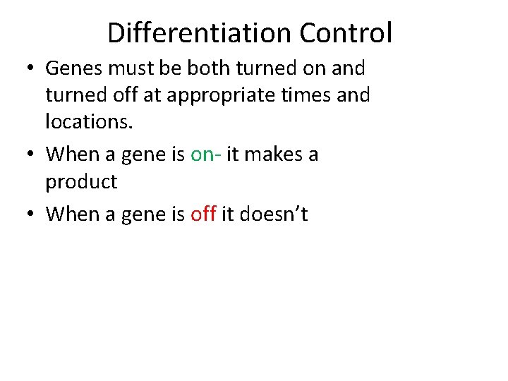 Differentiation Control • Genes must be both turned on and turned off at appropriate