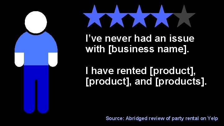 I’ve never had an issue with [business name]. I have rented [product], and [products].