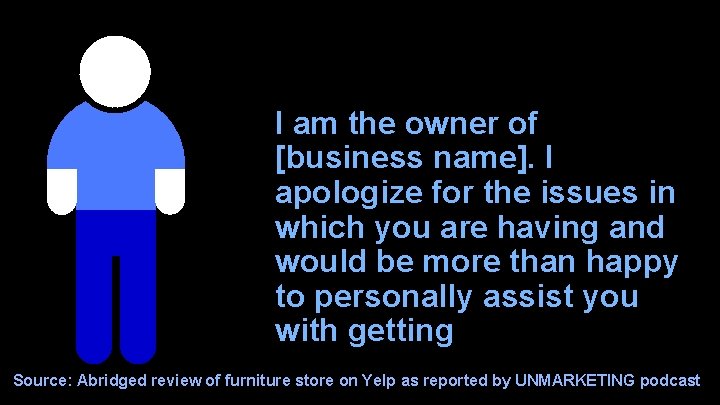 I am the owner of [business name]. I apologize for the issues in which