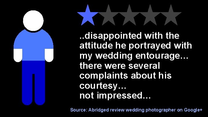 . . disappointed with the attitude he portrayed with my wedding entourage… there were