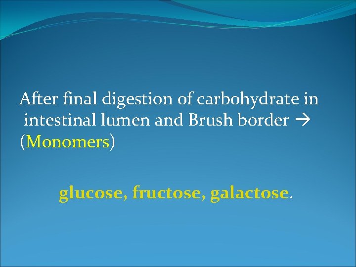 After final digestion of carbohydrate in intestinal lumen and Brush border (Monomers) glucose, fructose,