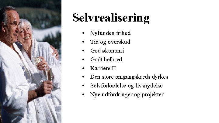 Selvrealisering • • Nyfunden frihed Tid og overskud God økonomi Godt helbred Karriere II