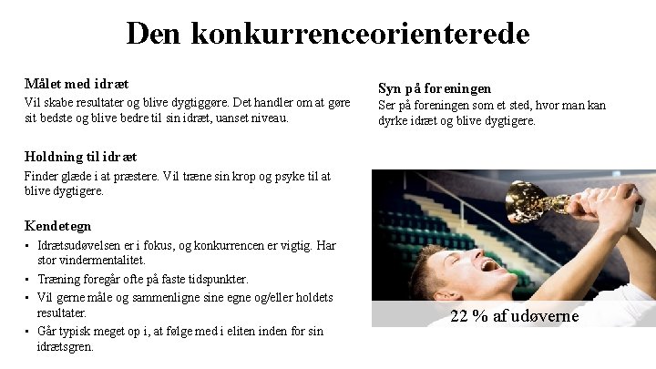 Den konkurrenceorienterede Målet med idræt Vil skabe resultater og blive dygtiggøre. Det handler om