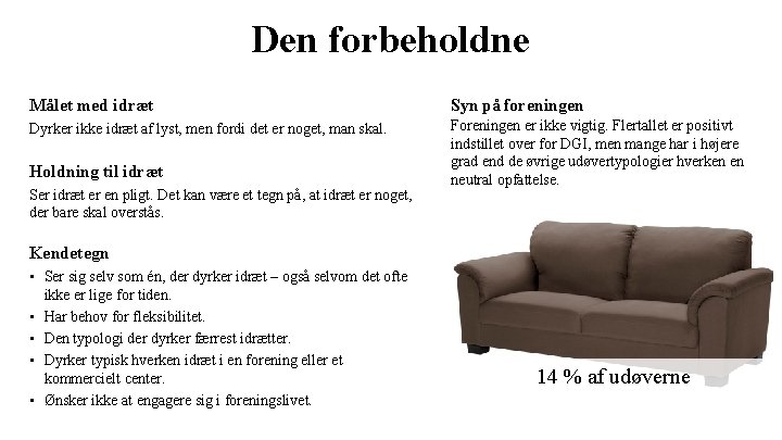 Den forbeholdne Målet med idræt Syn på foreningen Dyrker ikke idræt af lyst, men