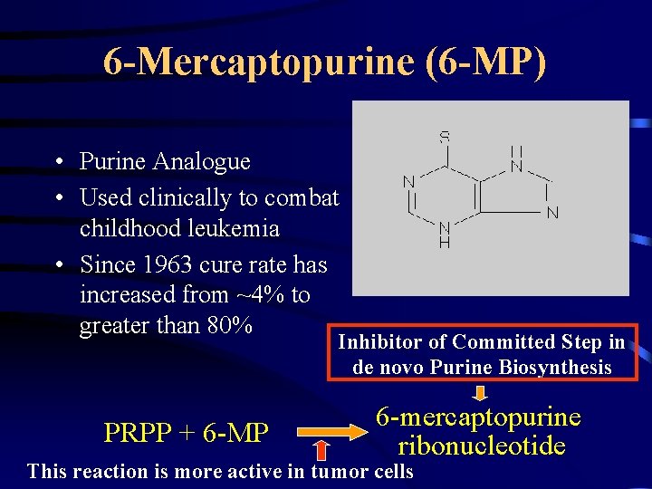 6 -Mercaptopurine (6 -MP) • Purine Analogue • Used clinically to combat childhood leukemia