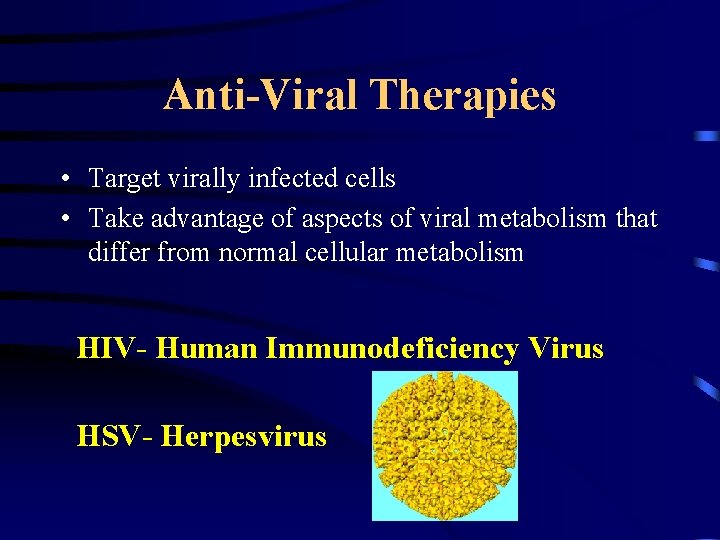 Anti-Viral Therapies • Target virally infected cells • Take advantage of aspects of viral