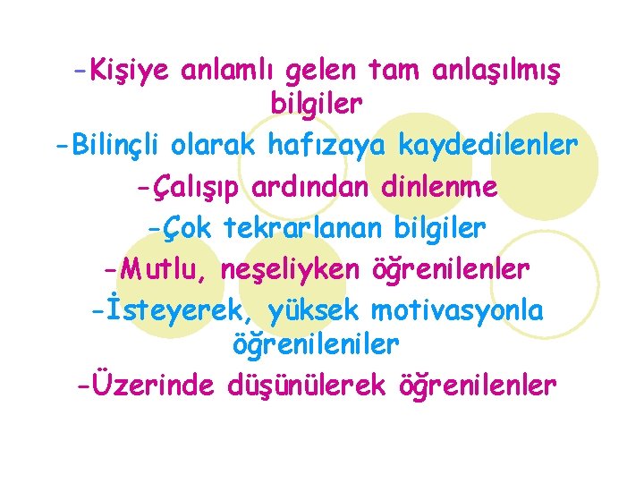 -Kişiye anlamlı gelen tam anlaşılmış bilgiler -Bilinçli olarak hafızaya kaydedilenler -Çalışıp ardından dinlenme -Çok