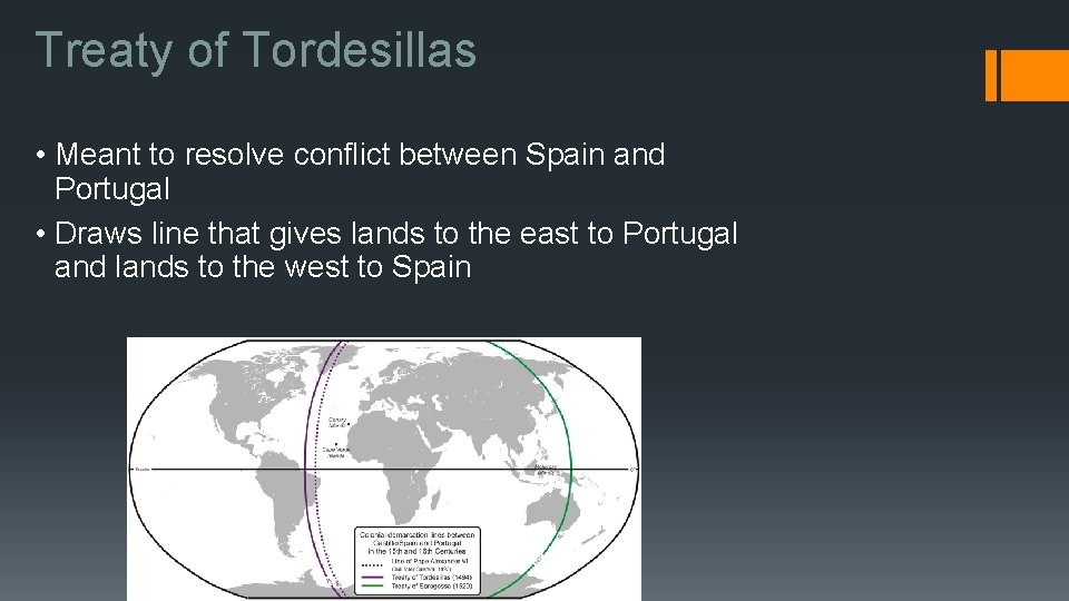 Treaty of Tordesillas • Meant to resolve conflict between Spain and Portugal • Draws