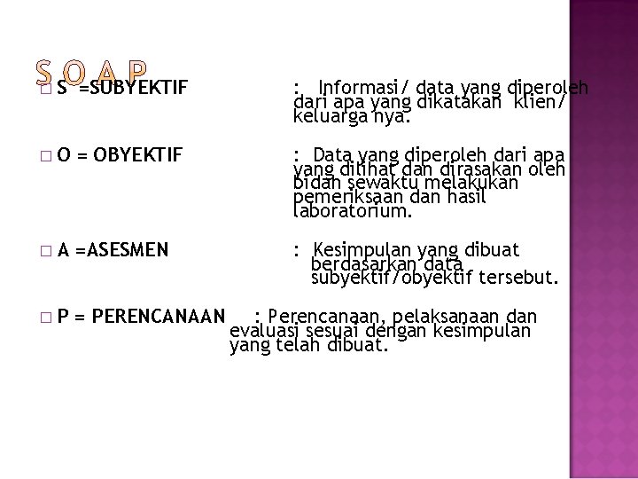 � S =SUBYEKTIF : Informasi/ data yang diperoleh dari apa yang dikatakan klien/ keluarga