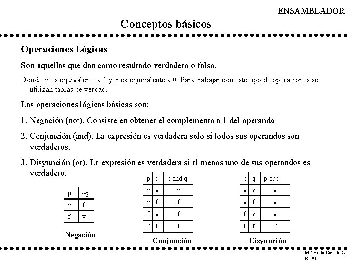 ENSAMBLADOR Conceptos básicos Operaciones Lógicas Son aquellas que dan como resultado verdadero o falso.